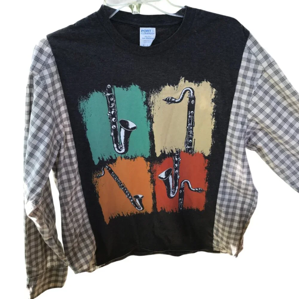 Upcycled Reworked Graphic T-Shirt, Saxophone Theme Plaid Shirt, Size S - M - Picture 12 of 12